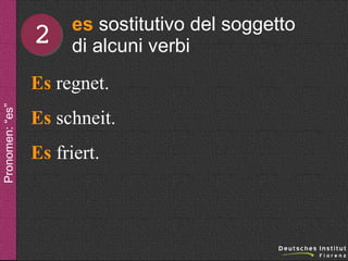 2

es sostitutivo del soggetto
di alcuni verbi

Pronomen: “es”

Es regnet.
Es schneit.
Es friert.

 