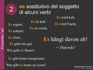 2

es sostitutivo del soggetto
di alcuni verbi
Es wird kalt.

Pronomen: “es”

Es regnet.
Es schneit.

Es ist kalt.

Es wird Nacht.

Es ist warm.

Es friert.
Es geht mir gut.

Es hängt davon ab!

Wie geht es Ihnen?.
Es gibt keine Gespenster.
Was gibt es heute zu essen?.

= Dipende!

 