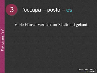 3

l'occupa – posto – es

Pronomen: “es”

Viele Häuser werden am Stadtrand gebaut.

 