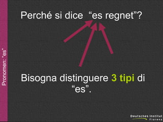 Pronomen: “es”

Perché si dice “es regnet”?

Bisogna distinguere 3 tipi di
“es”.

 
