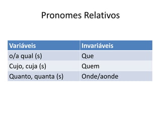 Pronomes relativos São aqueles que retomam um substantivo (ou um