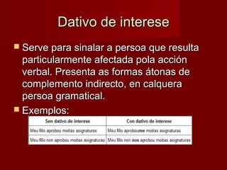 Dativo de intereseDativo de interese
 Serve para sinalar a persoa que resultaServe para sinalar a persoa que resulta
particularmente afectada pola acciónparticularmente afectada pola acción
verbal. Presenta as formas átonas deverbal. Presenta as formas átonas de
complemento indirecto, en calqueracomplemento indirecto, en calquera
persoa gramatical.persoa gramatical.
 Exemplos:Exemplos:
 