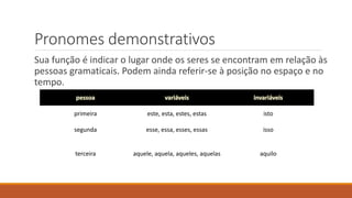 Pronomes demonstrativos
Sua função é indicar o lugar onde os seres se encontram em relação às
pessoas gramaticais. Podem ainda referir-se à posição no espaço e no
tempo.
primeira este, esta, estes, estas isto
segunda esse, essa, esses, essas isso
terceira aquele, aquela, aqueles, aquelas aquilo
 