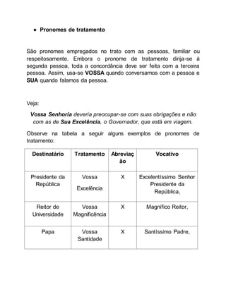 ● Pronomes de tratamento
São pronomes empregados no trato com as pessoas, familiar ou
respeitosamente. Embora o pronome de tratamento dirija-se à
segunda pessoa, toda a concordância deve ser feita com a terceira
pessoa. Assim, usa-se VOSSA quando conversamos com a pessoa e
SUA quando falamos da pessoa.
Veja:
Vossa Senhoria deveria preocupar-se com suas obrigações e não
com as de Sua Excelência, o Governador, que está em viagem.
Observe na tabela a seguir alguns exemplos de pronomes de
tratamento:
Destinatário Tratamento Abreviaç
ão
Vocativo
Presidente da
República
Vossa
Excelência
X Excelentíssimo Senhor
Presidente da
República,
Reitor de
Universidade
Vossa
Magnificência
X Magnífico Reitor,
Papa Vossa
Santidade
X Santíssimo Padre,
 
