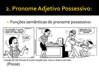  Funções semânticas do pronome possessivo:
(Posse)
 