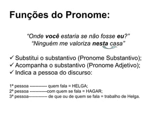 Funções do Pronome:
“Onde você estaria se não fosse eu?”
“Ninguém me valoriza nesta casa”
 Substitui o substantivo (Pronome Substantivo);
 Acompanha o substantivo (Pronome Adjetivo);
 Indica a pessoa do discurso:
1ª pessoa ------------ quem fala = HELGA;
2ª pessoa ------------com quem se fala = HAGAR;
3ª pessoa------------- de que ou de quem se fala = trabalho de Helga.
 