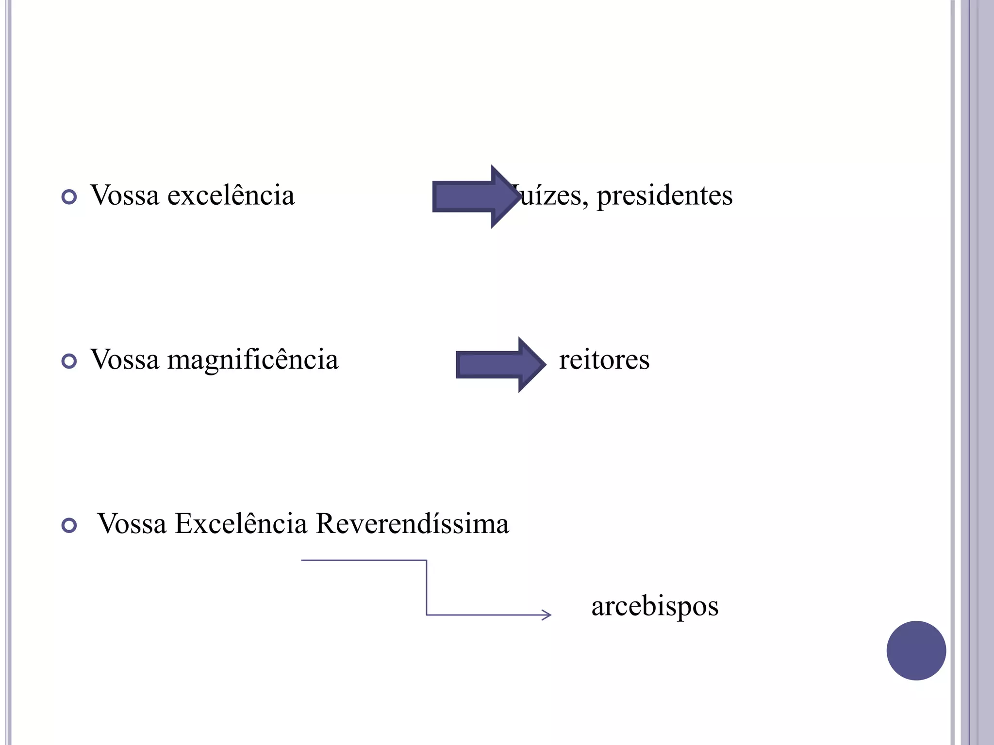  Vossa excelência Juízes, presidentes
 Vossa magnificência reitores
 Vossa Excelência Reverendíssima
arcebispos
 