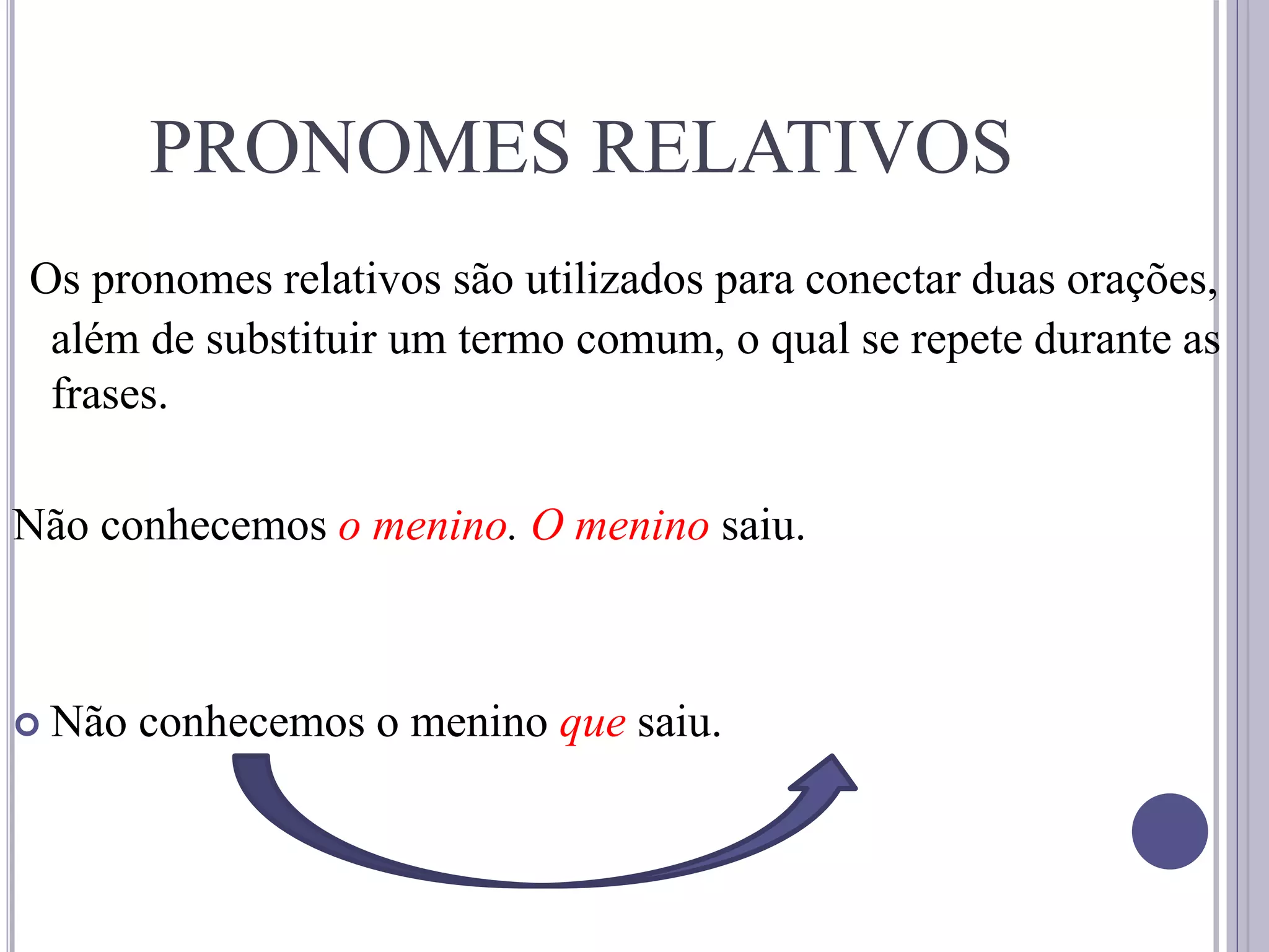 PRONOMES RELATIVOS
Os pronomes relativos são utilizados para conectar duas orações,
além de substituir um termo comum, o qual se repete durante as
frases.
Não conhecemos o menino. O menino saiu.
 Não conhecemos o menino que saiu.
 