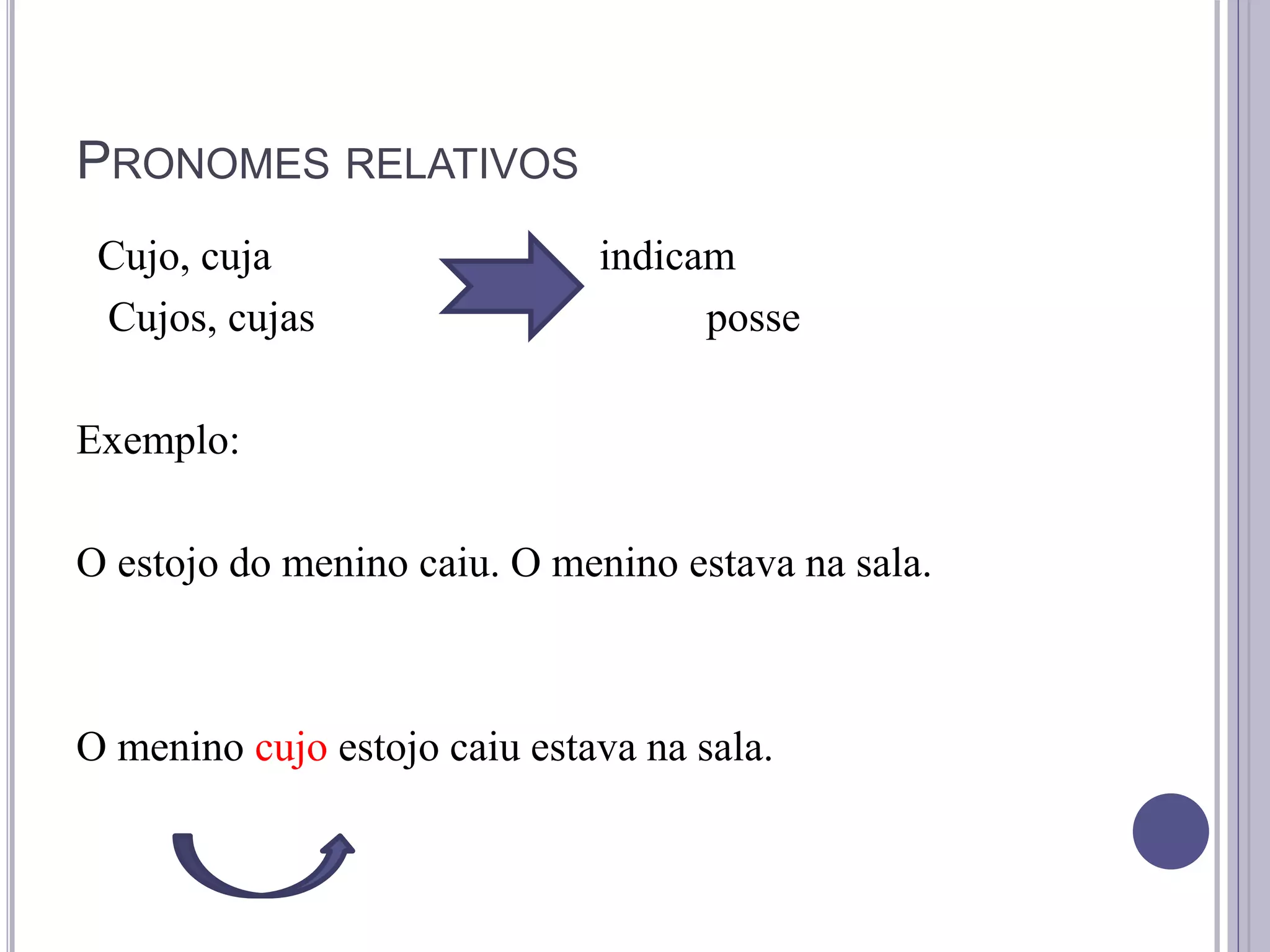 PRONOMES RELATIVOS
Cujo, cuja indicam
Cujos, cujas posse
Exemplo:
O estojo do menino caiu. O menino estava na sala.
O menino cujo estojo caiu estava na sala.
 