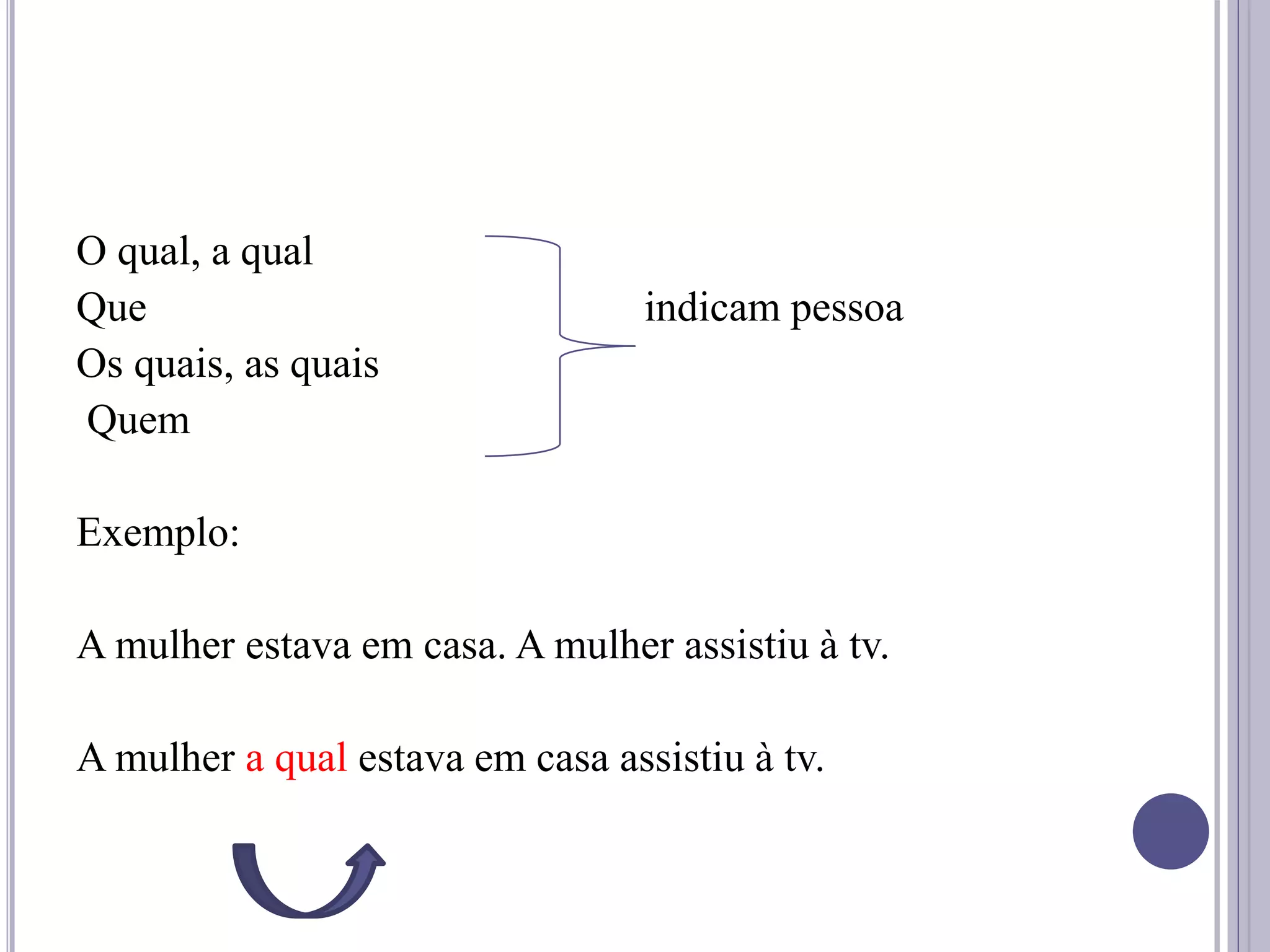O qual, a qual
Que indicam pessoa
Os quais, as quais
Quem
Exemplo:
A mulher estava em casa. A mulher assistiu à tv.
A mulher a qual estava em casa assistiu à tv.
 