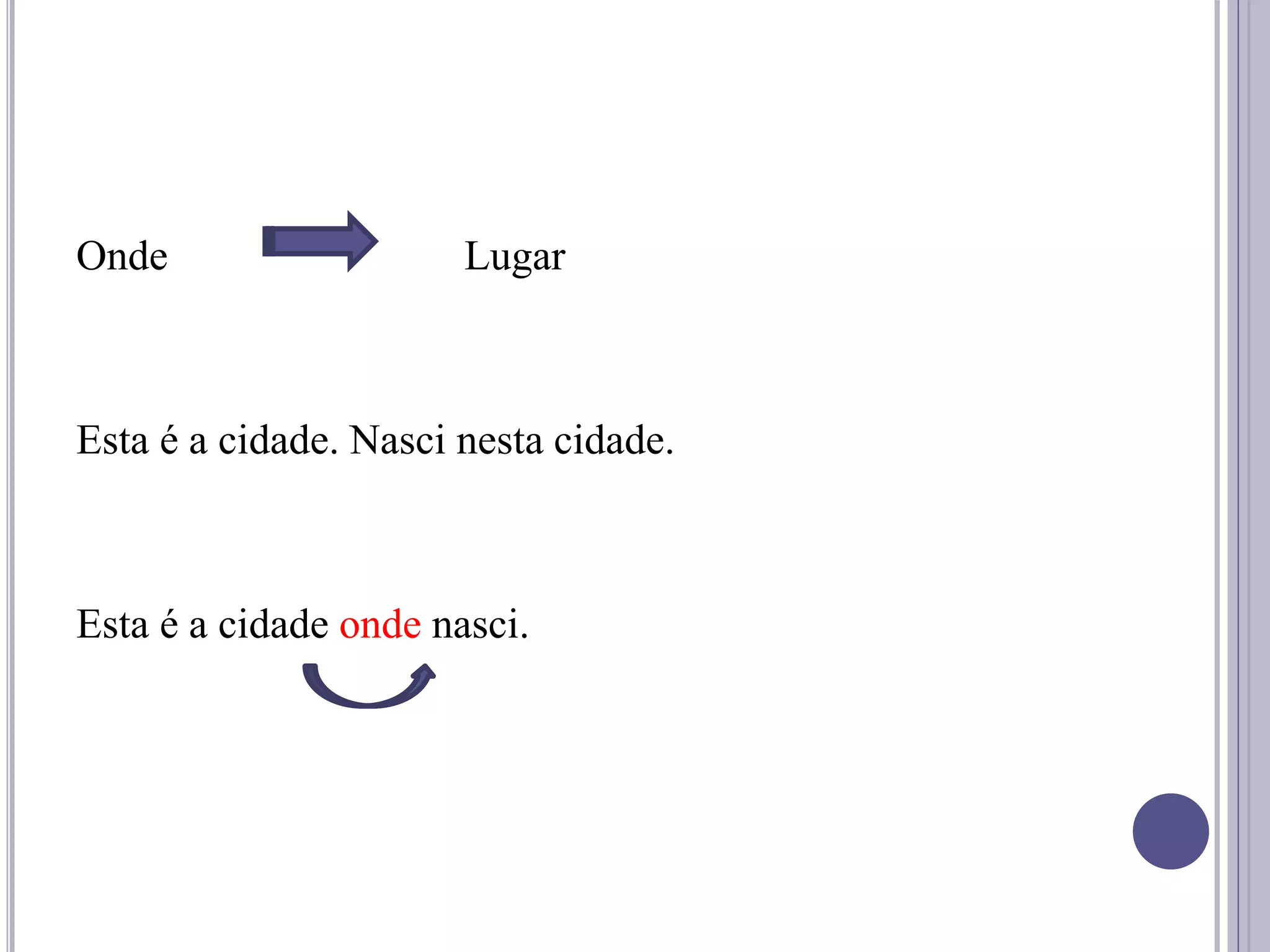 Onde Lugar
Esta é a cidade. Nasci nesta cidade.
Esta é a cidade onde nasci.
 