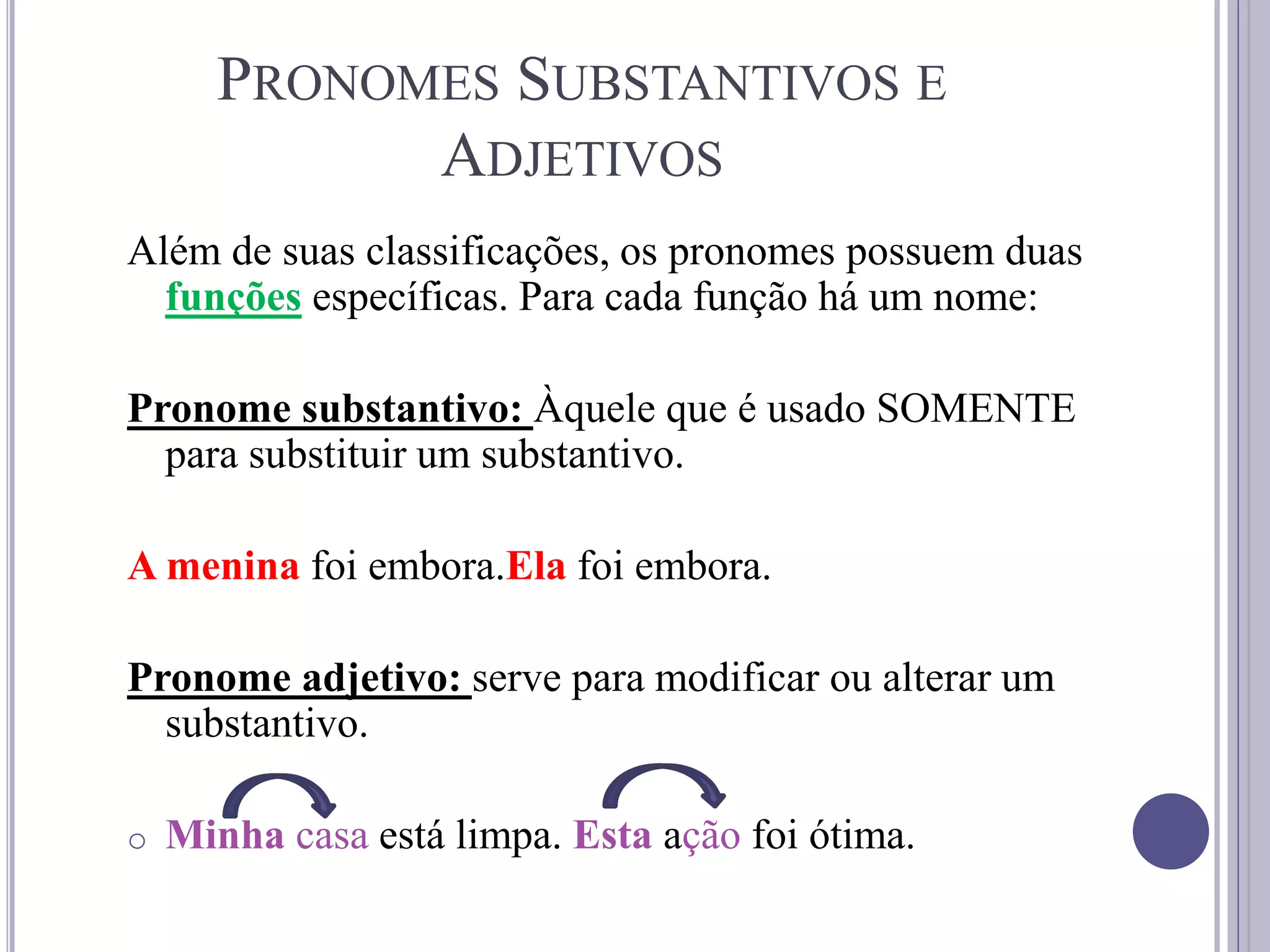 PRONOMES SUBSTANTIVOS E
ADJETIVOS
Além de suas classificações, os pronomes possuem duas
funções específicas. Para cada função há um nome:
Pronome substantivo: Àquele que é usado SOMENTE
para substituir um substantivo.
A menina foi embora.Ela foi embora.
Pronome adjetivo: serve para modificar ou alterar um
substantivo.
o Minha casa está limpa. Esta ação foi ótima.
 