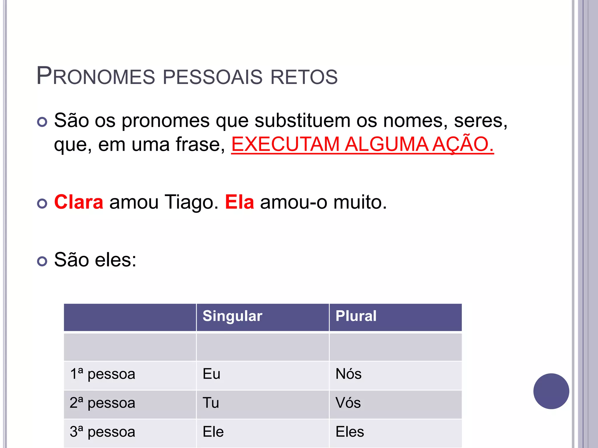 PRONOMES PESSOAIS RETOS
 São os pronomes que substituem os nomes, seres,
que, em uma frase, EXECUTAM ALGUMA AÇÃO.
 Clara amou Tiago. Ela amou-o muito.
 São eles:
Singular Plural
1ª pessoa Eu Nós
2ª pessoa Tu Vós
3ª pessoa Ele Eles
 
