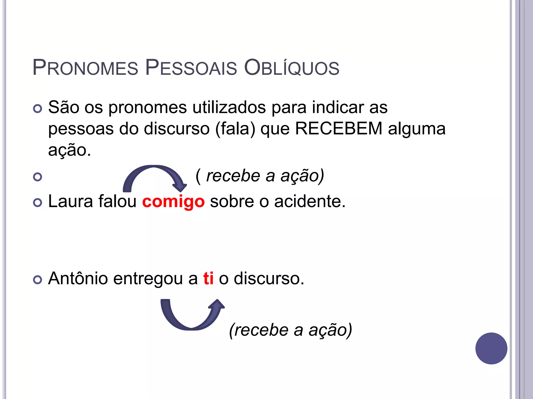 PRONOMES PESSOAIS OBLÍQUOS
 São os pronomes utilizados para indicar as
pessoas do discurso (fala) que RECEBEM alguma
ação.
 ( recebe a ação)
 Laura falou comigo sobre o acidente.
 Antônio entregou a ti o discurso.
(recebe a ação)
 