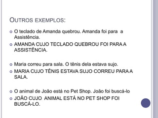 OUTROS EXEMPLOS:
 O teclado de Amanda quebrou. Amanda foi para a
Assistência.
 AMANDA CUJO TECLADO QUEBROU FOI PARA A
ASSISTÊNCIA.
 Maria correu para sala. O tênis dela estava sujo.
 MARIA CUJO TÊNIS ESTAVA SUJO CORREU PARA A
SALA.
 O animal de João está no Pet Shop. João foi buscá-lo
 JOÃO CUJO ANIMAL ESTÁ NO PET SHOP FOI
BUSCÁ-LO.
 