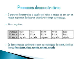   O pronome demonstrativo é aquele que indica a posição de um ser em
    relação às pessoas do discurso, situando-o no tempo ou no espaço.

   São os seguintes:




   Os demonstrativos combinam-se com as preposições de ou em, dando as
    formas deste,desse, disso, naquele, naquela, naquilo.
 