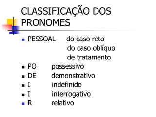 CLASSIFICAÇÃO DOS
PRONOMES
 PESSOAL do caso reto
do caso oblíquo
de tratamento
 PO possessivo
 DE demonstrativo
 I indefinido
 I interrogativo
 R relativo
 