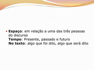  Espaço: em relação a uma das três pessoas
 do discurso
 Tempo: Presente, passado e futuro
 No texto: algo que foi dito, algo que será dito
 