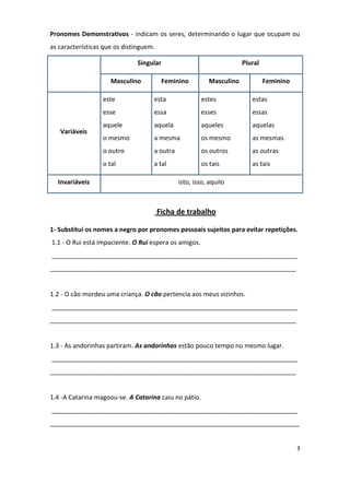 Pronomes Demonstrativos - indicam os seres, determinando o lugar que ocupam ou
as características que os distinguem.

                              Singular                               Plural

                     Masculino           Feminino        Masculino            Feminino

                  este              esta               estes            estas
                  esse              essa               esses            essas
                  aquele            aquela             aqueles          aquelas
   Variáveis
                  o mesmo           a mesma            os mesmo         as mesmas
                  o outro           a outra            os outros        as outras
                  o tal             a tal              os tais          as tais

  Invariáveis                                 isto, isso, aquilo



                                        Ficha de trabalho

1- Substitui os nomes a negro por pronomes pessoais sujeitos para evitar repetições.
1.1 - O Rui está impaciente. O Rui espera os amigos.
______________________________________________________________________
______________________________________________________________________


1.2 - O cão mordeu uma criança. O cão pertencia aos meus vizinhos.
______________________________________________________________________
______________________________________________________________________


1.3 - As andorinhas partiram. As andorinhas estão pouco tempo no mesmo lugar.
______________________________________________________________________
______________________________________________________________________


1.4 -A Catarina magoou-se. A Catarina caiu no pátio.
______________________________________________________________________
_______________________________________________________________________


                                                                                         3
 