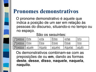 Pronomes demonstrativos
   O pronome demonstrativo é aquele que 
   indica a posição de um ser em relação às 
   pessoas do discurso, situando-o no tempo ou 
   no espaço.
                      São os seguintes: 

   

   Os demonstrativos combinam-se com as 
   preposições de ou em, dando as formas 
   deste, desse, disso, naquele, naquela, 
   naquilo.
    
 