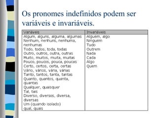 Os pronomes indefinidos podem ser
variáveis e invariáveis.
 