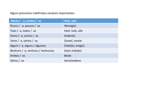 Alguns pronomes indefinidos variáveis importantes:
Muito / - a, muitos / -as Veel, vele
Pouco / - a, poucos / -as Weinig(e)
Todo / -a, todos / -as Heel, hele, alle
Outro / -a, outros / -as Ander(e)
Tanto / -a, tantos / -as Zoveel, zovele
Algum / -a, alguns / algumas Enkel(e), enig(e)
Nenhum / -a, nenhuns / nenhumas Geen enkel(e)
Ambos / -as Beide
Vários / -as Verscheidene
 