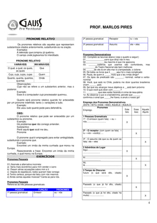 PROF. MARLOS PIRES
4
PRONOME RELATIVO
Os pronomes relativos são aqueles que representam
substantivos citados anteriormente, substituindo-os na oração.
Exemplos:
A televisão que comprou já quebrou.
O campo onde jogávamos foi interditado.
PRONOME RELATIVO
VARIÁVEIS INVARIÁVEIS
O qual, a qual, os quais,
as quais
Que
Cujo, cuja, cujos, cujas Quem
Quanto, quanta, quantos,
quantas
Onde
Observações:
Cujo não se refere a um substantivo anterior, mas o
posterior.
Exemplo:
Esse é o computador cujo processador queimou.
Quanto será pronome relativo quando for antecedido
por um pronome indefinido: tanto (+ variações) e tudo.
Exemplo:
Ele usou tudo quanto pode para defendê-la.
OBS:
O pronome relativo que pode ser antecedido por um
substantivo ou pronome.
Exemplo:
Há problemas que não consigo entender.
Substantivo
Perdi aquilo que você me deu.
Pronome
O pronome qual é empregado para evitar ambigüidade,
substituindo o pronome que.
Exemplo:
Encontrei um irmão da minha cunhada que morou na
Europa.
Reescrevendo a frase: Encontrei um irmão da minha
cunhada, o qual morou na Europa.
EXERCÍCIOS
Pronomes Pessoais
01) Assinale a alternativa incorreta:
a) Seria mais econômico para mim vender o carro
b) Pesam sérias acusações sobre mim e ti
c) Depois do espetáculo, todos queriam falar consigo
d) Tenho certeza, porque ela falou com nós mesmos
e) Ainda cantas aquelas músicas? Canta-as para nós.
Pronomes Pessoais
Refere-se às três pessoas gramaticais:
PESSOA FUNÇÃO PRONOMES
1ª pessoa gramatical Emissor eu - nós
2ª pessoa gramatical Receptor tu – vós
3ª pessoa gramatical Assunto ele – eles
Pronomes Demonstrativos
02) Complete as lacunas abaixo (veja o quadro a seguir):
01._______________carro que dirijo não é meu
02._______________teu fascínio é que me apaixona
03. _______cadeiras que usamos são confortáveis, mas
__________do Teatro Nacional são bem melhores
04. ______de vês lá em alto-mar é a tempestade, o ciclone
05. De todos os livros que li _____aqui foi o mais complicado
06. Paula, de quem é _____ moto que o teu irmão dirige?
07. Os tipos de predicado são _______: nominal, verbal e verbo-
nominal
08. Você, que está no Chile, poderia me dizer quantos brasileiros
vivem ______ país
09. Sei que vou alcançar meus objetivos e __está bem próximo
10. O que você quis dizer com ______?
11. _________ que eles estão fazendo é crime de lesa-pátria
12. Ao observar o juiz e o bandeirinha, percebi que ______
confirmou o sinal que _____lhe fizera, e anulo o nosso gol
Emprego dos Pronomes Demonstrativos
(ESTE / ISTO, ESSE / ISSO, AQUELE / AQUILO)
Pronomes
Emprego Este
Isto
Esse
Isso
Aquele
Aquilo
1 Pessoas Gramaticais
1ª - O emissor (quem fala) – eu –
nós................................ X
2ª - O receptor (com quem se fala) –
tu – vós – você(s) .... X
3ª - O assunto (de que ou de quem se
fala) ele – eles X
2 Advérbios de Lugar
Aqui........................................................
............................
X
Aí...........................................................
.............................
X
Ali,
lá............................................................
......................
X
3 Tempo do Discurso
futuro (o que será dito, citado)
........................................... X
Passado (o que já foi dito, citado)
...................................... X
Passado (o que já foi dito, citado há
muito) ....................... X
 