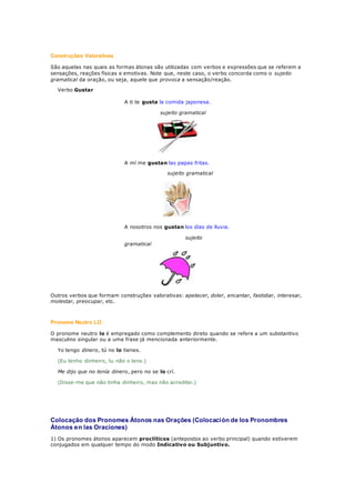 Construções Valorativas
São aquelas nas quais as formas átonas são utilizadas com verbos e expressões que se referem a
sensações, reações físicas e emotivas. Note que, neste caso, o verbo concorda como o sujeito
gramatical da oração, ou seja, aquele que provoca a sensação/reação.
Verbo Gustar
A ti te gusta la comida japonesa.
sujeito gramatical
A mí me gustan las papas fritas.
sujeito gramatical
A nosotros nos gustan los días de lluvia.
sujeito
gramatical
Outros verbos que formam construções valorativas: apetecer, doler, encantar, fastidiar, interesar,
molestar, preocupar, etc.
Pronome Neutro LO
O pronome neutro lo é empregado como complemento direto quando se refere a um substantivo
masculino singular ou a uma frase já mencionada anteriormente.
Yo tengo dinero, tú no lo tienes.
(Eu tenho dinheiro, tu não o tens.)
Me dijo que no tenía dinero, pero no se lo crí.
(Disse-me que não tinha dinheiro, mas não acreditei.)
Colocação dos Pronomes Átonos nas Orações (Colocación de los Pronombres
Átonos en las Oraciones)
1) Os pronomes átonos aparecem proclíticos (antepostos ao verbo principal) quando estiverem
conjugados em qualquer tempo do modo Indicativo ou Subjuntivo.
 