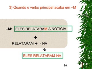 16
ELES RELATARAM A NOTÍCIA–M:
RELATARAM

ELES RELATARAM-NA

+ - NA
3) Quando o verbo principal acaba em –M
 