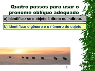 6
Quatro passos para usar o
pronome oblíquo adequado
a) Identificar se o objeto é direto ou indireto.
b) Identificar o gênero e o número do objeto.
 