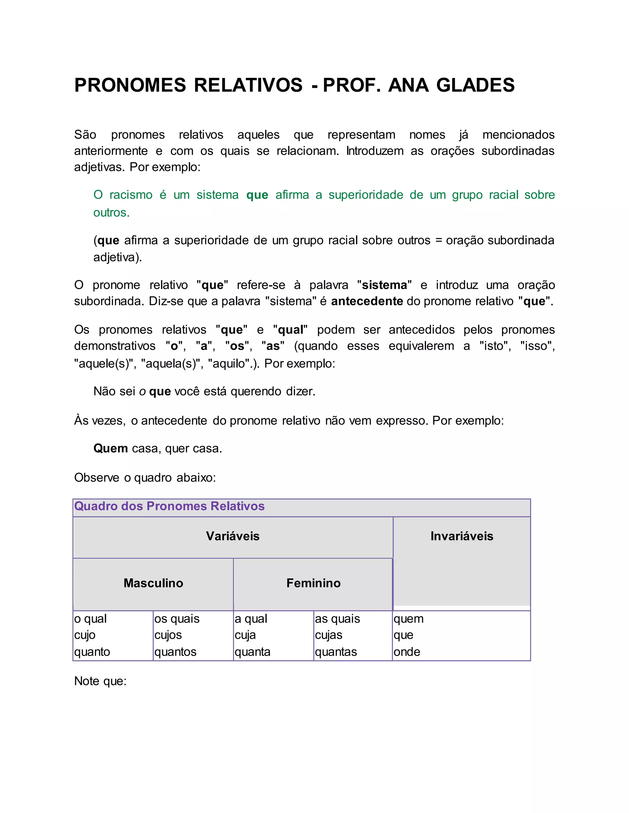 Pronomes relativos - Prof. Ana Glades | DOC