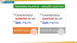 • Característica
acidental do ser
• Sem vírgulas
RESTRITIVAS
• Característica
essencial do ser
• Com vírgulas
EXPLICATIVAS
PRONOMES RELATIVOS – ORAÇÕES ADJETIVAS
11
 