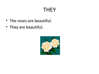 THEY
• The roses are beautiful.
• They are beautiful.
 