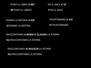 PORTI IL LIBRO  A ME ? MI  PORTI IL LIBRO? DO IL SALE  A TE TI  DO IL SALE DANNO LA NOTIZIA  A NOI CI  DANNO LA NOTIZIA TELEFONIAMO  A VOI VI  TELEFONIAMO RACCONTIAMO  A MARIA E CLAUDIA  LA STORIA GLI  RACCONTIAMO LA STORIA RACCONTIAMO  AI RAGAZZI  LA STORIA GLI  RACCONTIAMO LA STORIA 