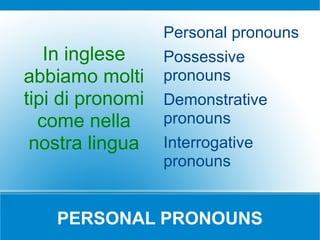 PERSONAL PRONOUNS
In inglese
abbiamo molti
tipi di pronomi
come nella
nostra lingua
Personal pronouns
Possessive
pronouns
Demonstrative
pronouns
Interrogative
pronouns
 