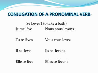 Se Lever ( to take a bath)
Je me lève Nous nous levons
Tu te lèves Vous vous levez
Il se lève Ils se lèvent
Elle se lève Elles se lèvent
 