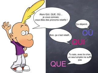 Alors QUI, QUE, OÙ...
je vous connais:
vous êtes des pronoms relatifs !
QUI
QUE
OÙ
Tu sais, avec la crise,
un seul emploi ne suffit
pas
Ça dépend...
Bon, ça c’est relatif...
 