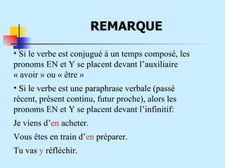 REMARQUE Si le verbe est conjugu é à un temps composé, les pronoms EN et Y se placent devant l’auxiliaire « avoir » ou « être » Si le verbe est une paraphrase verbale (passé récent, présent continu, futur proche), alors les pronoms EN et Y se placent devant l’infinitif: Je viens d’ en  acheter. Vous êtes en train d’ en  préparer. Tu vas  y  réfléchir. 