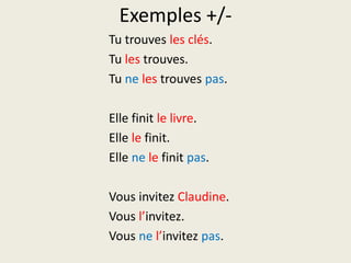 Exemples +/-Tutrouvesles clés.Tulestrouves.Tunelestrouvespas.Elle finitle livre.Elle lefinit.Elle nelefinitpas.VousinvitezClaudine.Vousl’invitez.Vousnel’invitezpas.