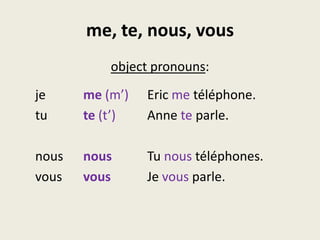 me, te, nous, vousobject pronouns:je		me (m’)	Eric me téléphone.tu		te(t’)	Anne te parle.nous	nous		Tu nous téléphones.vous	vous		Je vous parle.