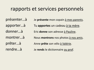rapports et services personnelsprésenter…à	Je présente mon copain à mes parents.apporter…à	Tu apportes un cadeau à ta mère.donner…à		Eric donne son adresse à Pauline.montrer…à	Nous montrons nos photos à nos amis.prêter…à		Anne prête son vélo à Valérie.rendre…à		Je rends le dictionnaire au prof.