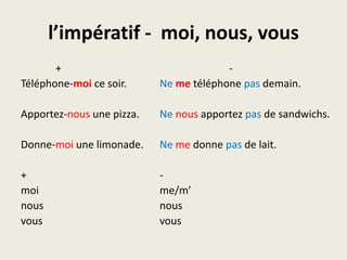 l’impératif -  moi, nous, vous		+					-Téléphone-moicesoir.	Nemetéléphonepasdemain.Apportez-nousune pizza.	Nenousapportezpas de sandwichs.Donne-moiunelimonade.	Nemedonnepas de lait.+					-moi				me/m’nous				nousvousvous