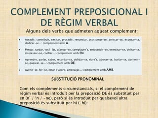 Alguns dels verbs que admeten aquest complement:
Accedir, contribuir, excitar, procedir, renunciar, acostumar-se, arriscar-se, exposar-se,
dedicar-se...: complement amb A.
Pensar, tardar, vacil·lar, afanyar-se, complaure’s, entossudir-se, exercitar-se, delitar-se,
interessar-se, confiar...: complement amb EN.
Aprendre, parlar, saber, recordar-se, oblidar-se, riure’s, adonar-se, burlar-se, abstenir-
se, queixar-se...: complement amb DE.
Avenir-se, fer-se, estar d’acord, amenaçar...: complement amb AMB.
SUBSTITUCIÓ PRONOMINAL
Com els complements circumstancials, si el complement de
règim verbal és introduït per la preposició DE és substituït per
en (n’ / ‘n / -ne), però si és introduït per qualsevol altra
preposició és substituït per hi (-hi):
 