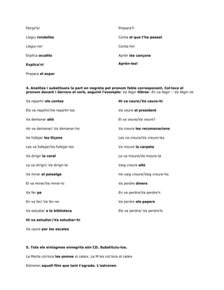 Penja’ls!
Llegiu rondalles
Llegiu-ne!
Explica acudits
Explica’n!
Prepara el sopar
Prepara’l!
Conta el que t’ha passat
Conta-ho!
Aprèn les cançons
Aprèn-les!
4. Analitza i substitueix la part en negreta pel pronom feble corresponent. Col·loca el
pronom davant i darrere el verb, seguint l’exemple: Va llegir llibres: En va llegir – Va llegir-ne
Va repartir els contes
Els va repartir/Va repartir-los
Va demanar allò
Ho va demanar/ Va demanar-ho
Va fullejar les lliçons
Les va fullejar/Va fullejar-les
Va dirigir la coral
La va dirigir/ Va dirigir-la
Va mirar el paisatge
El va mirar/Va mirar-lo
Va fer pa
En va fer/ Va fer-ne
Va estudiar a la biblioteca
Hi va estudiar/Va estudiar-hi
Va caure per les escales
Hi va caure/Va caure-hi
Va veure el president
El va veure/Va veure’l
Va creure les recomanacions
Les va creure/Va creure-les
Va moure la carpeta
La va moure/Va moure-la
Vaig creure allò
Ho vaig creure/Vaig creure-ho
Va perdre diners
En va perdre/Va perdre’n
Va perdre els papers
Els va perdre/ Va perdre’ls
5. Tots els sintagmes ennegrits són CD. Substituïu-los.
La Marta col·loca les pomes al calaix. La M les col.loca al calaix
Estrenen aquell film que tant t’agrada. L’estrenen
 