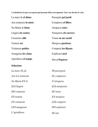 2. Substitueix la part en negreta pel pronom feble corresponent. Tots van davant el verb:
La mare fa el dinar
Ara rentarem la moto
Na Maria té feina
Llegirà els contes
Comentes allò
Teníem set
Visitarem pobles
Amagaran les claus
Aprofitava el temps
Passejarà pel jardí
Comprava el llibre
Atrapava rates
Netejarem els carrers
Viuen en un casull
Menjava pastissos
Comprèn les lliçons
Explicaré això
Són a Peguera
Solucions
La mare EL fa
Ara LA rentarem
Na Maria EN té
ELS llegirà
HO comentes
EN teníem
EN visitarem
LES amagaran
L’aprofitava
HI passejarà
EL comprava
N’atrapava
ELS netejarem
HI viuen
EN menjava
LES comprèn
HO explicaré
HI són
 