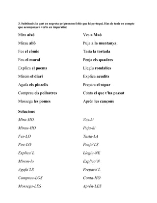 3. Subtitueix la part en negreta pel pronom feble que hi pertoqui. Has de tenir en compte
que acompanyen verbs en imperatiu:
Mira això
Mirau allò
Fes el còmic
Feu el mural
Explica el poema
Mirem el diari
Agafa els pinzells
Comprau els pollastres
Mossega les pomes
Ves a Maó
Puja a la muntanya
Tasta la tortada
Penja els quadres
Llegiu rondalles
Explica acudits
Prepara el sopar
Conta el que t’ha passat
Aprèn les cançons
Solucions
Mira-HO
Mirau-HO
Fes-LO
Feu-LO
Explica’L
Mirem-lo
Agafa’LS
Comprau-LOS
Mossega-LES
Ves-hi
Puja-hi
Tasta-LA
Penja’LS
Llegiu-NE
Explica’N
Prepara’L
Conta-HO
Aprèn-LES
 