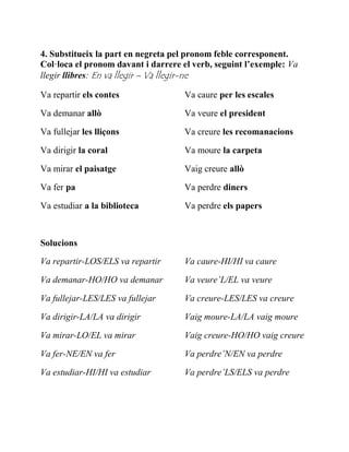 4. Substitueix la part en negreta pel pronom feble corresponent.
Col·loca el pronom davant i darrere el verb, seguint l’exemple: Va
llegir llibres: En va llegir – Va llegir-ne
Va repartir els contes
Va demanar allò
Va fullejar les lliçons
Va dirigir la coral
Va mirar el paisatge
Va fer pa
Va estudiar a la biblioteca
Va caure per les escales
Va veure el president
Va creure les recomanacions
Va moure la carpeta
Vaig creure allò
Va perdre diners
Va perdre els papers
Solucions
Va repartir-LOS/ELS va repartir
Va demanar-HO/HO va demanar
Va fullejar-LES/LES va fullejar
Va dirigir-LA/LA va dirigir
Va mirar-LO/EL va mirar
Va fer-NE/EN va fer
Va estudiar-HI/HI va estudiar
Va caure-HI/HI va caure
Va veure’L/EL va veure
Va creure-LES/LES va creure
Vaig moure-LA/LA vaig moure
Vaig creure-HO/HO vaig creure
Va perdre’N/EN va perdre
Va perdre’LS/ELS va perdre
 