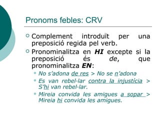 Pronoms personals febles: CI
 CI inanimat
 El CI precedit de la preposició “a” relacionat
amb un antecedent inanimat pronominalitza
HI:
 Quan li donen pa, hi pega bons mossos
(CI inanimat: al pa)
 Atenció perquè aquest CI pot interpretar-se
com un CCLloc
 Van regalar mobles a l'associació → Hi van
regalar mobles (CI inanimat: a l'associació)
 