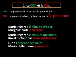 1. Le COD et le COI.
COD: complément lié au verbe sans préposition.
COI: complément indirect, qui correspond à À+personne
Marie regarde le film de Weber.
Marie regarde la voiture qui passe.
Luc a l’argent nécessaire.
Margaux parle à sa mère.
Riwal n’obéit pas à son professeur.
Marion téléphone à ses amis.
 