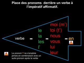 verbe
le
la
les
l’
moi (m’)
toi (t’)
nous
vous
lui
leur
en
Place des pronoms derrière un verbe à
l’impératif affirmatif.
- - -
Le pronom Y ne s’emploie
jamais en combinaison avec un
autre pronom après le verbe
 
